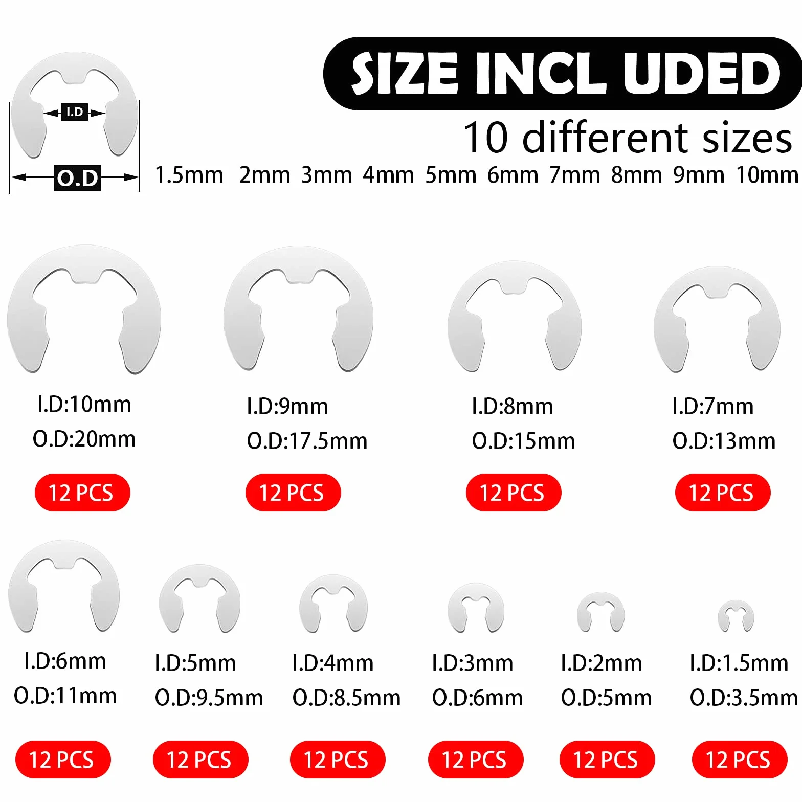 E-clip Esterna Anello Sicurezza In Acciaio Inox 120 pezzi 10 Dimensioni Snap Anello Assortimento Kit 1,5-10 mm
