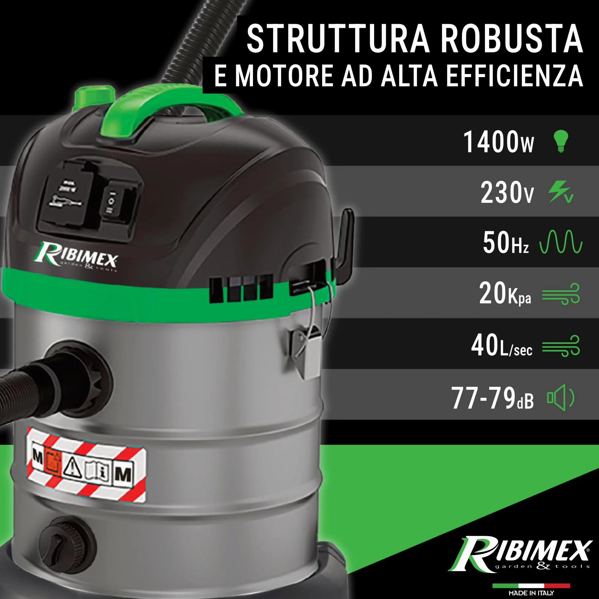Ribimex Aspiratore Solidi e Liquidi Aspirix Serie Pro Classe M, Bidone Aspiratutto Professionale 20 L, 1400 W, Presa Elettroutensili e Funzione Soffiante, Accessori Inclusi - PRASP20M