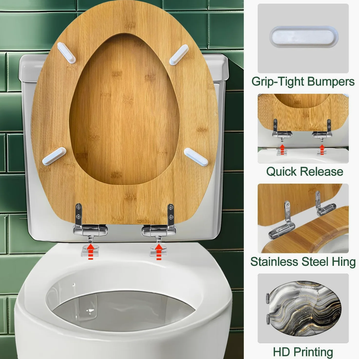 Copriwater decorativo allungato in legno con chiusura ammortizzata e sgancio rapido, motivo astratto in pietra, agata, venature dorate e marmorizzazione, facile da installare.