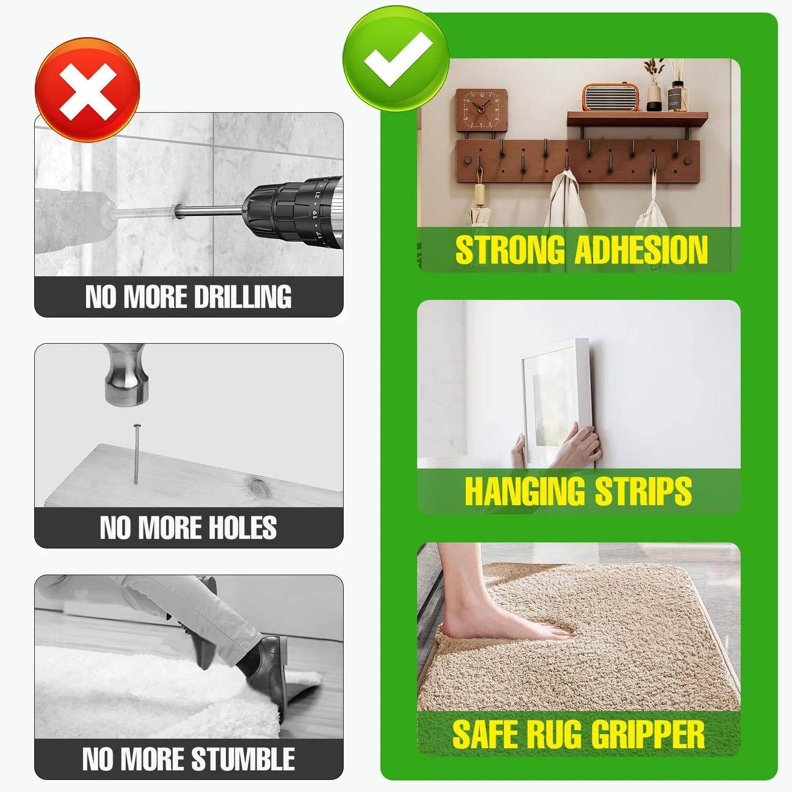 SIKEDEPRO Nastro biadesivo resistente, 2 rotoli, 6 m, nastro biadesivo per pareti, tappeti e poster, nastro biadesivo per tappeti, strisce per appendere quadri, ufficio e esterni