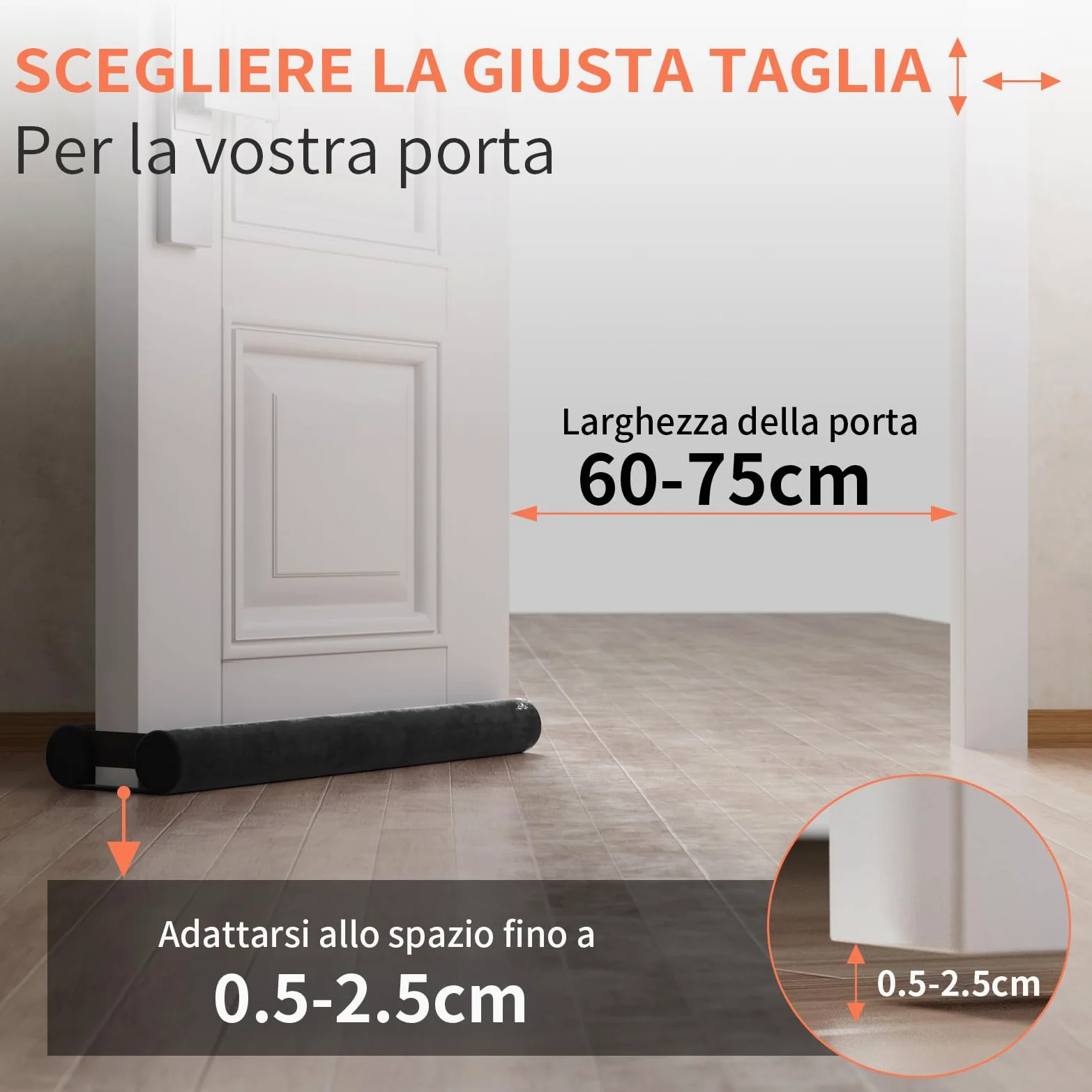 BKSAI Paraspifferi per Porte Guarnizione Inferiore Porte Senza Colla | Paraspifferi Doppia Guarnizione Isolante Termico Insonorizzato Antivento, Paraspifferi Sottoporta per Porte 60-75 cm Nero