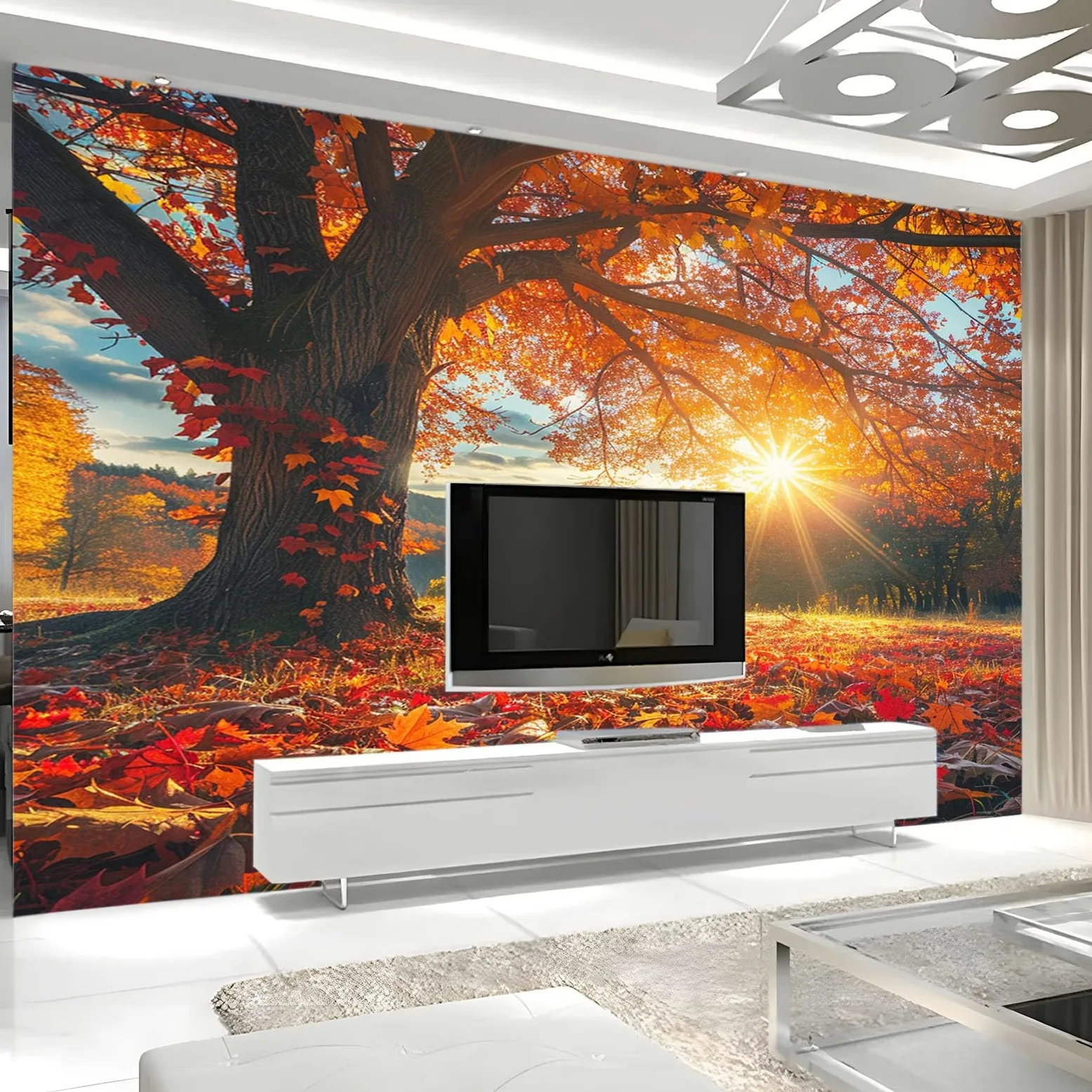 Poster Giganti da Parete Paesaggio autunnale del tramonto dell'acero Fotomurale Carta da Parati TNT Murale alla Moda Decorazione da Muro fotografica 300x210 cm Murale per Camera Letto Sala
