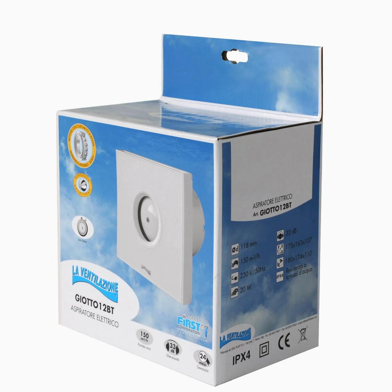 La Ventilazione GIOTTO12BT Aspiratore Elicoidale Design Extra Piatto Bianco, per Foro diametro 120 mm / 5"