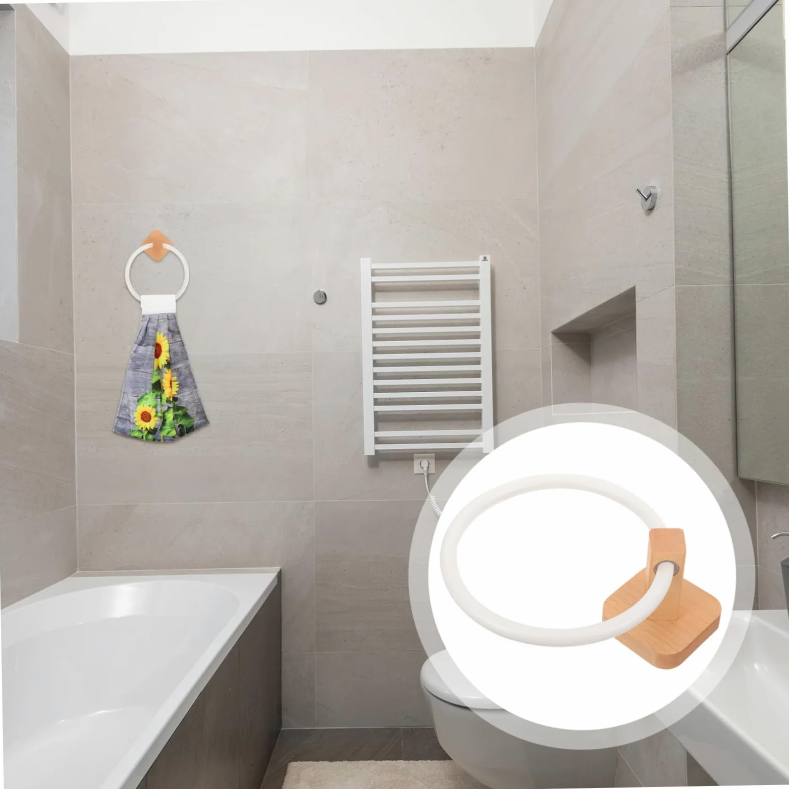 Porta Asciugamani in Legno Beige da Parete Anello Bagno | Struttura Semplice, Stile Classico, Pratico per Asciugamani e Panni, Finitura Chiara