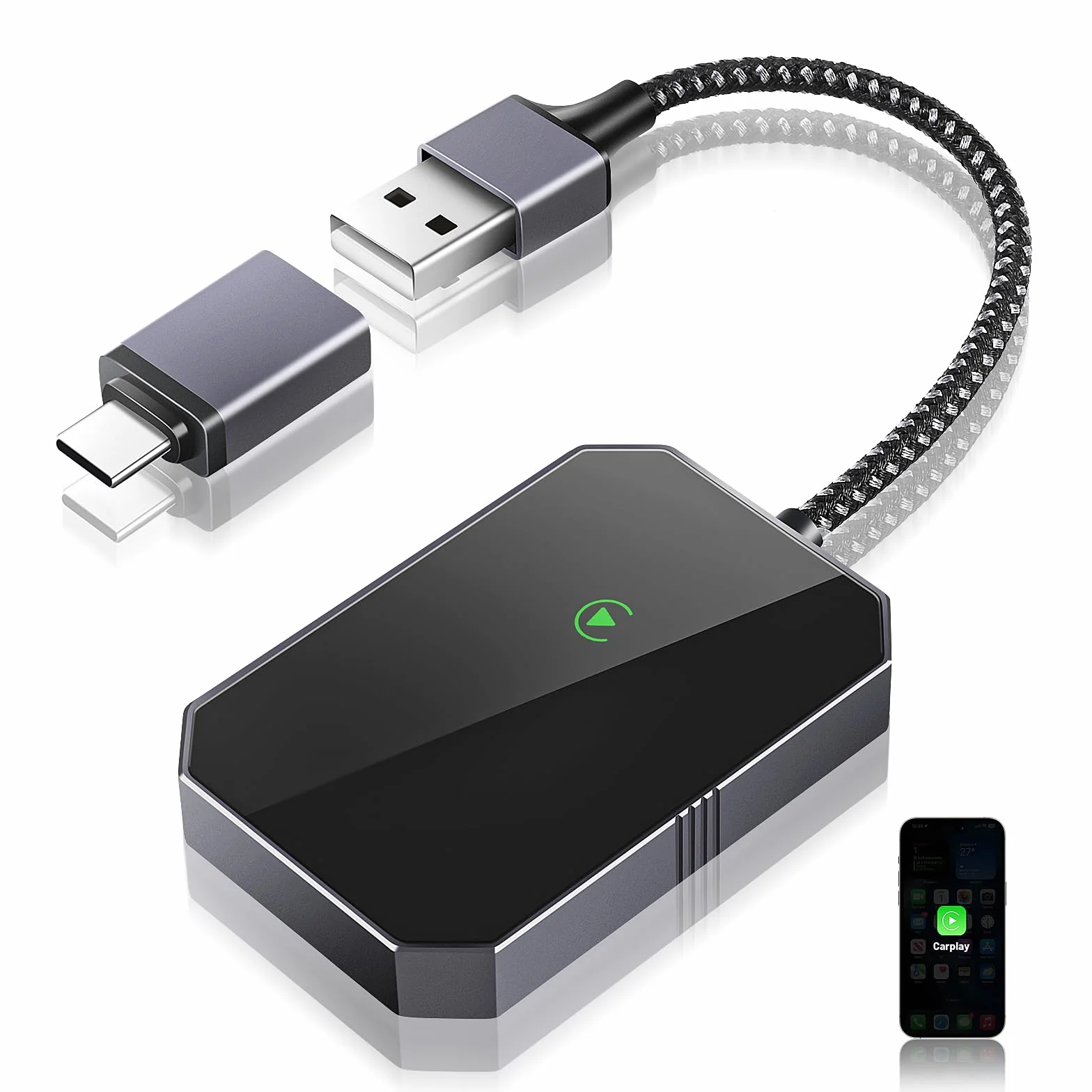 Adattatore Wireless CarPlay per iOS, Adattatore Wireless i-Phone Auto Converte CarPlay Cablato in Wireless, Plug and Play, USB C a A Dongle Wireless CarPlay Adatto per il 90% delle Auto