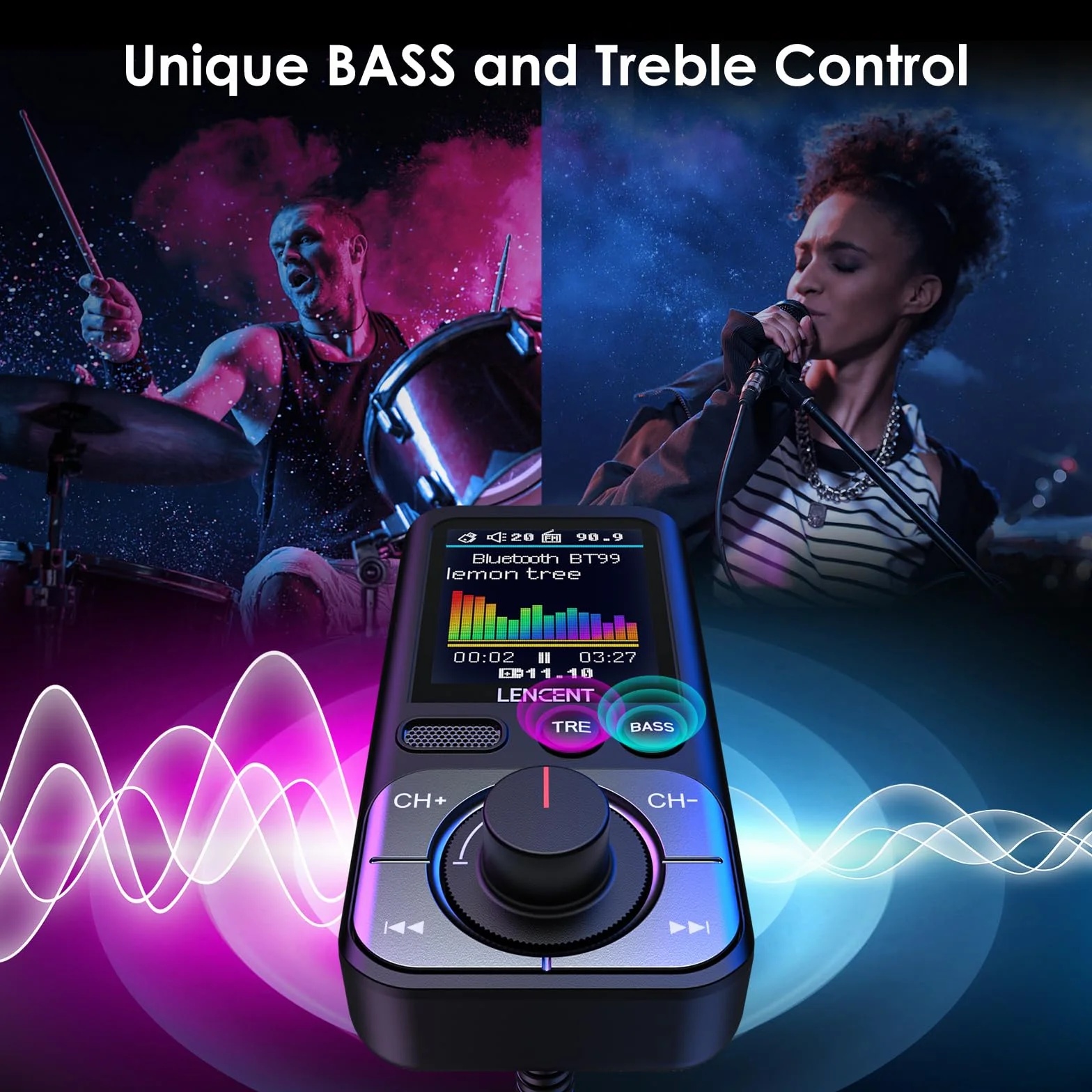 LENCENT Trasmettitore FM Bluetooth 5.0 Auto, QC3.0 18W Ricarica Veloce, Adattatore Radio Auto AUX con Schermo a Colori, Hi-Fi & Bassi Profondi, Chiamatta Vivavoce, Assistente Siri e Google, Scheda TF