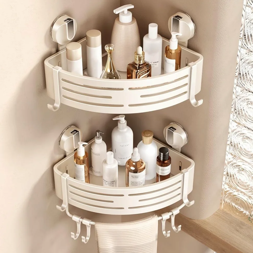 Voldra Mensola Doccia Angolare Ventose, 2 Pezzi Porta Sapone Per Doccia Senza Foratura Porta Bagnoschiuma da Doccia Bagno Portaoggetti Shampoo Doccia Angolare con Portasciugamani e Ganci (Bianco)