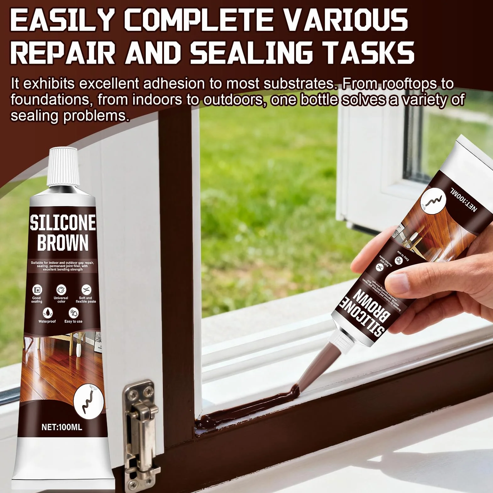 Silicone Marrone per Legno Esterno Impermeabile Resistente UV Giunti Crepe Davanzali Porte 100ml