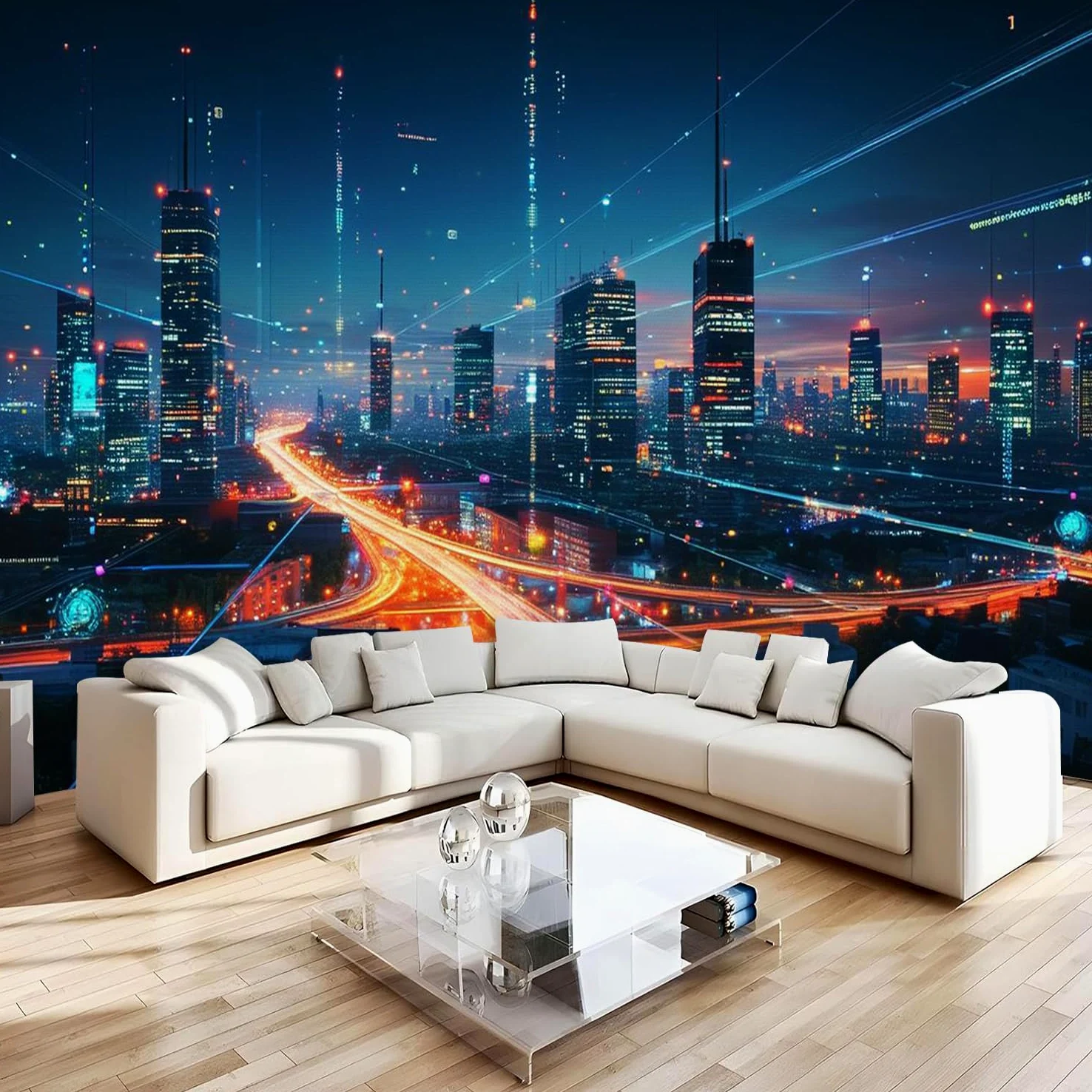 Carta da parati effetto 3D Città Moderna 366x 254 cm Murale Non Tessuto Vista Notturna Fotomurale Stampa HD Moderna Poster Per Soggiorno E Camera Da Letto Design 2M1000