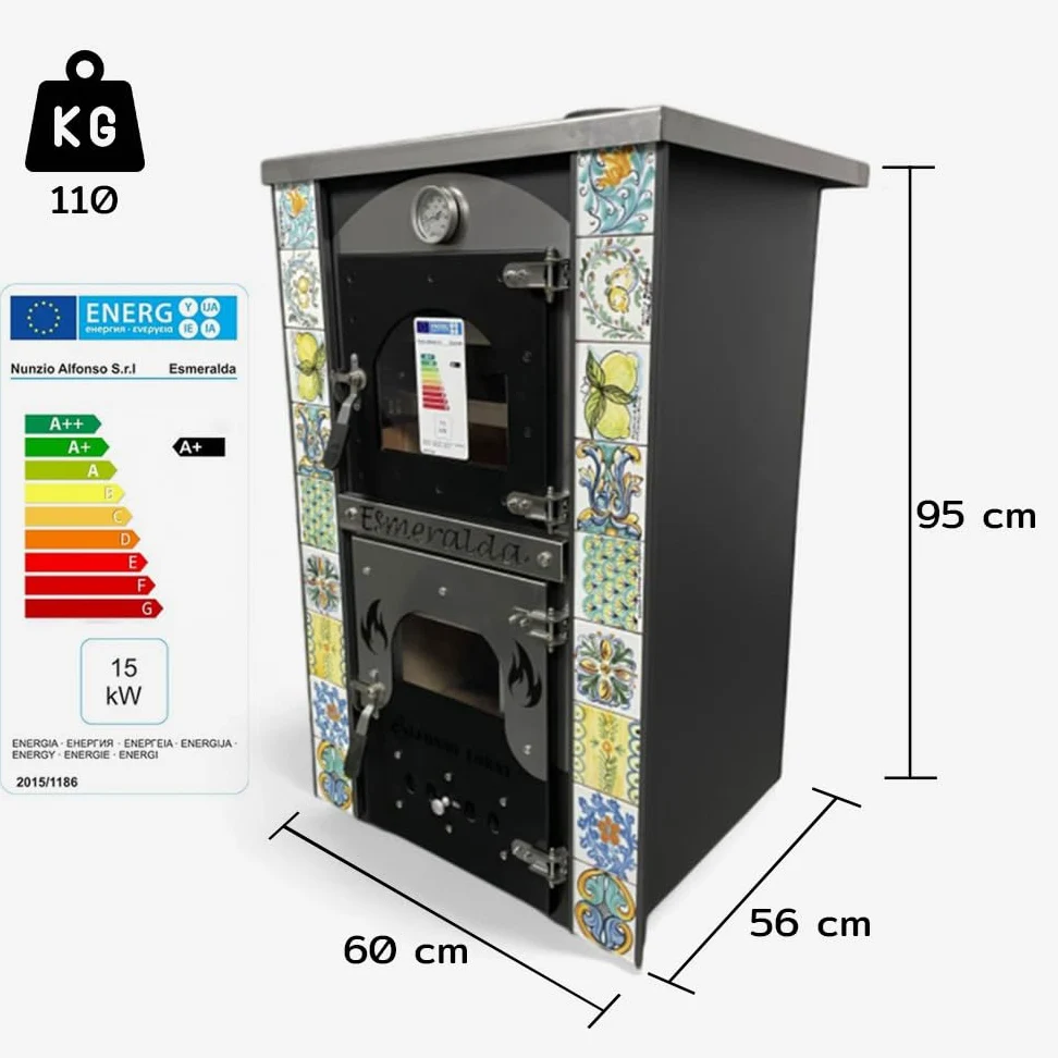 Stufa a Legna Con Forno - Esmeralda con Maioliche di Caltagirone - Potenza Riscaldamento 15 Kw, Stufa A Legna Economica In Acciaio Verniciato Antracite, Con Forno In Mattoni Refrattari, Made In Italy