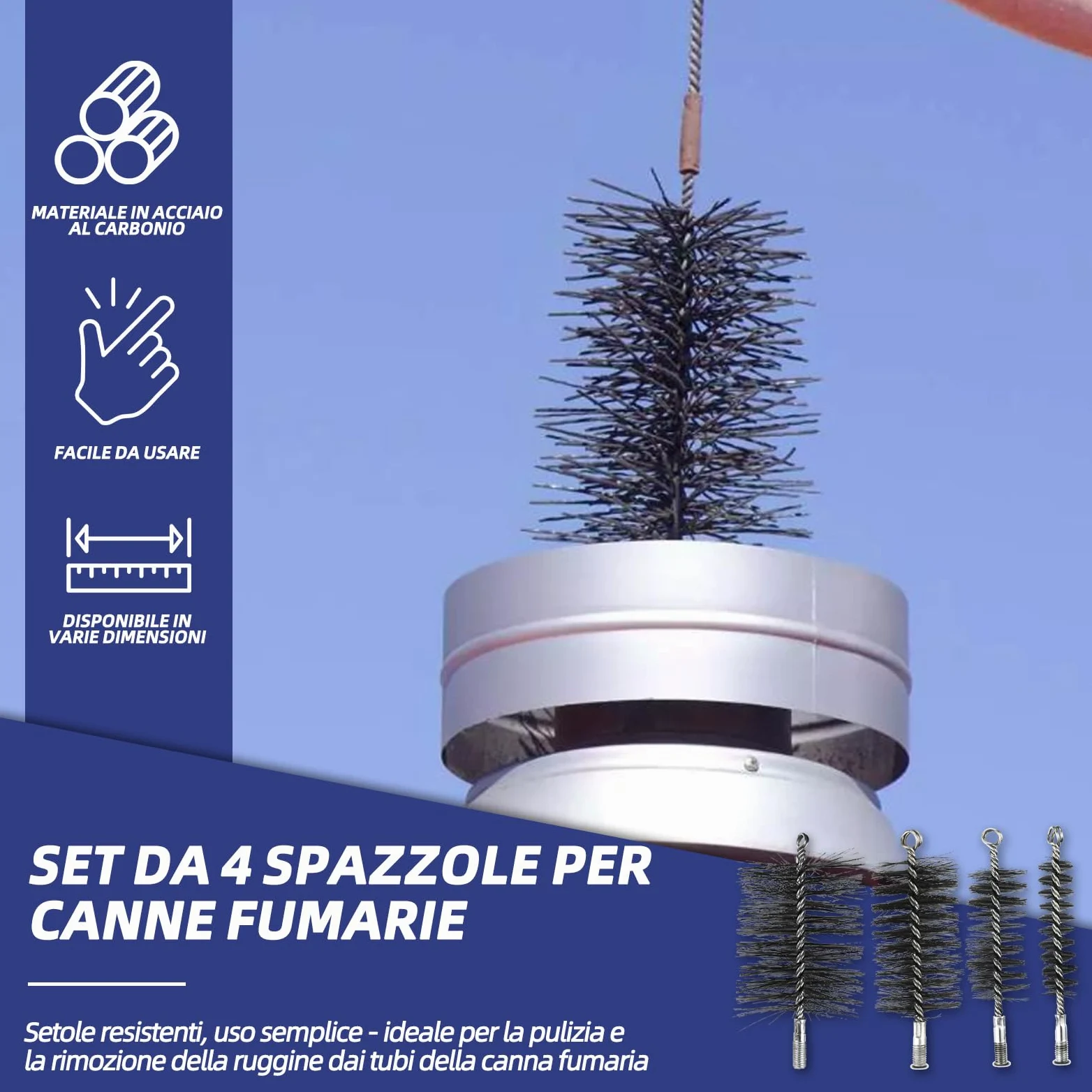 Set di spazzole per camino 4 pezzi con spazzole da 30/50/80/150 mm, incl. 1m di filo di acciaio e stanga di spinta – Spazzola per camino per la pulizia di canne fumarie, tubi per stufe e tubi di
