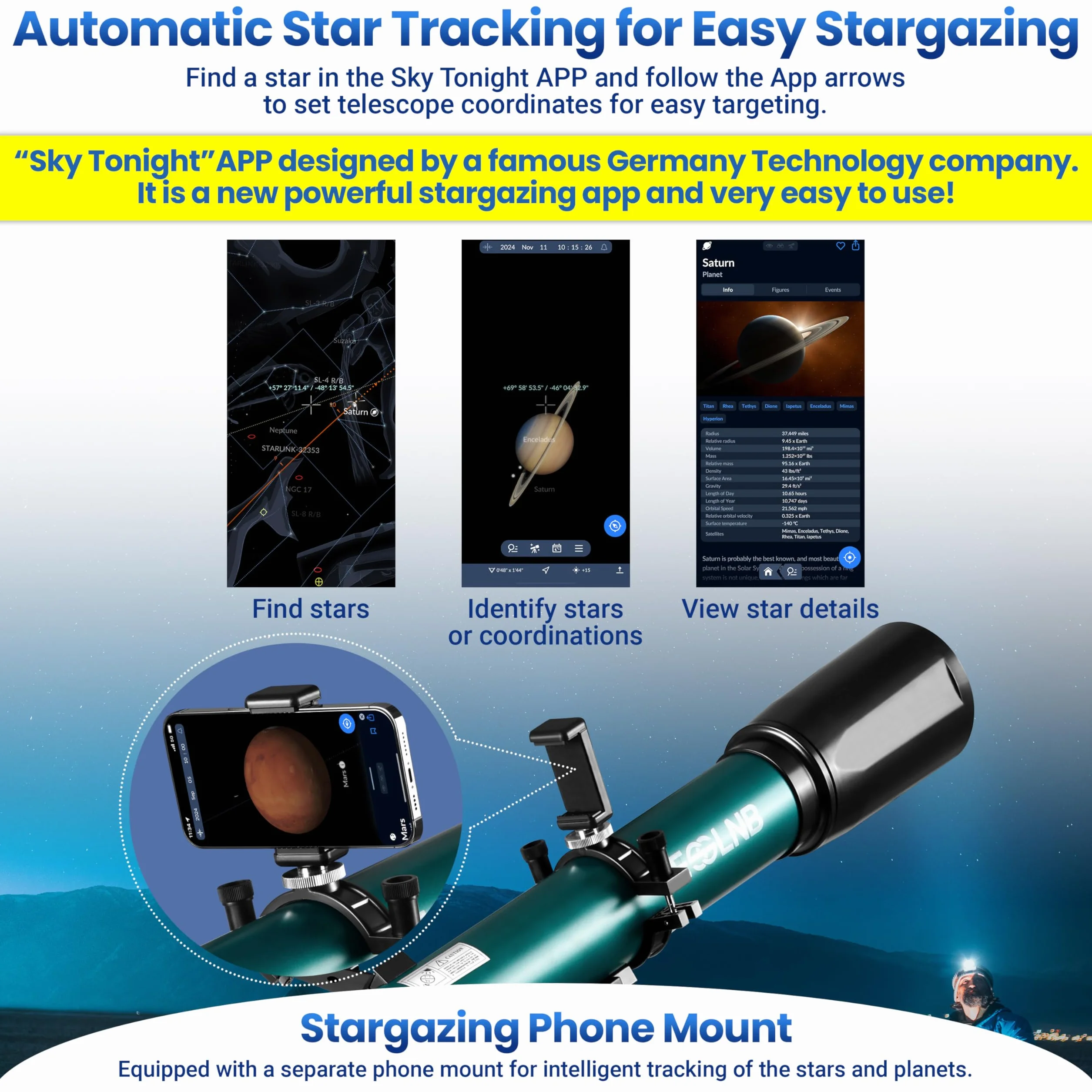ESSLNB Telescopio 70080 Telescopio per Astronomia per Adulti con APP Stargazing Adattatore per Smartphone, Treppiede Regolabile, Mirino elettronico e Telecomando Wireless (Verde)