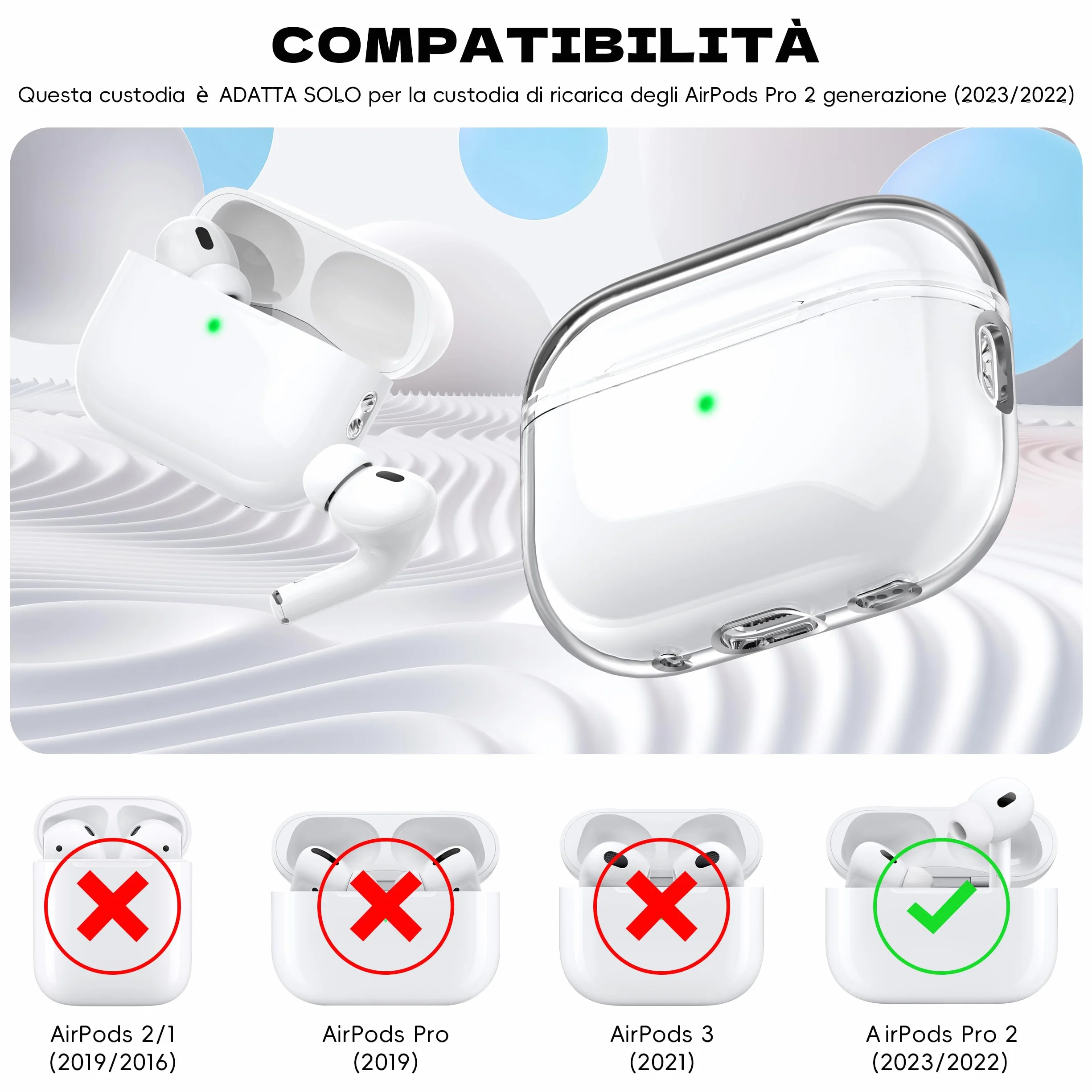 Custodia per Airpods Pro 2a/1a gen, Compatibile con Custodia Airpods Pro 2a gen Porta di ricarica USB C, Custodia morbida trasparente antiurto con penna per pulizia cordino,Trasparente