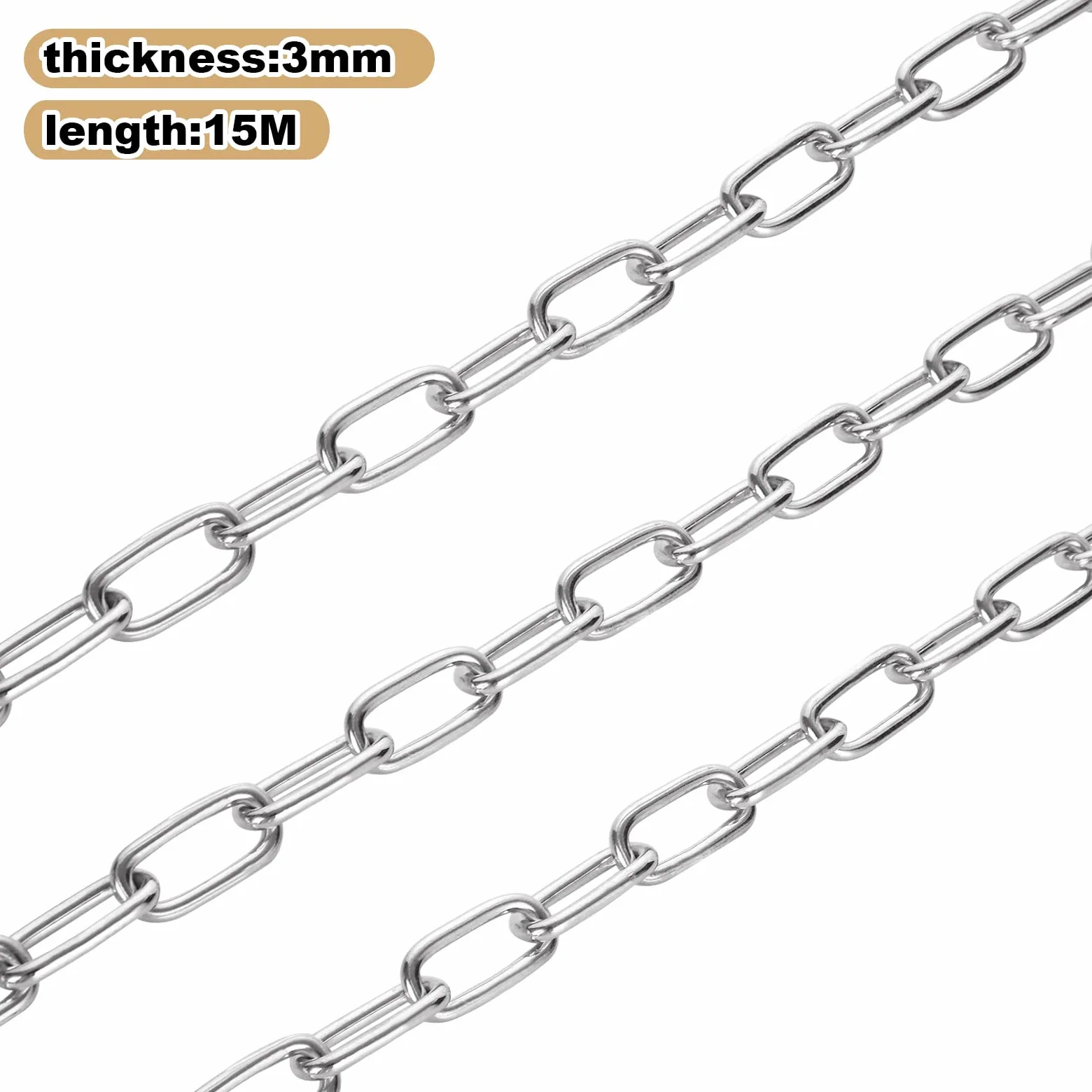 JMIATRY Catena in acciaio inox 304, lunghezza 15 m, maglie resistenti da 3 mm, porte del garage, catena a battente e serratura di sicurezza per biciclette