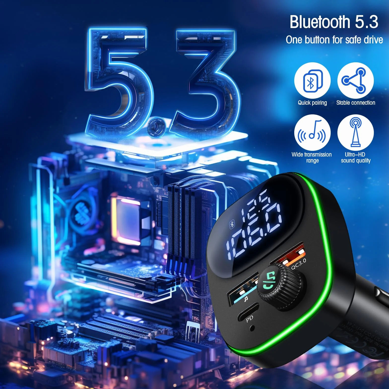 Hoppac Trasmettitore Bluetooth 5.3 Per Auto, PD 30W & QC 3.0 Adattatore Bluetooth Auto Per La Ricarica Rapida, Display LED,Per Ascoltare Musica e Telefonare in Vivavoce