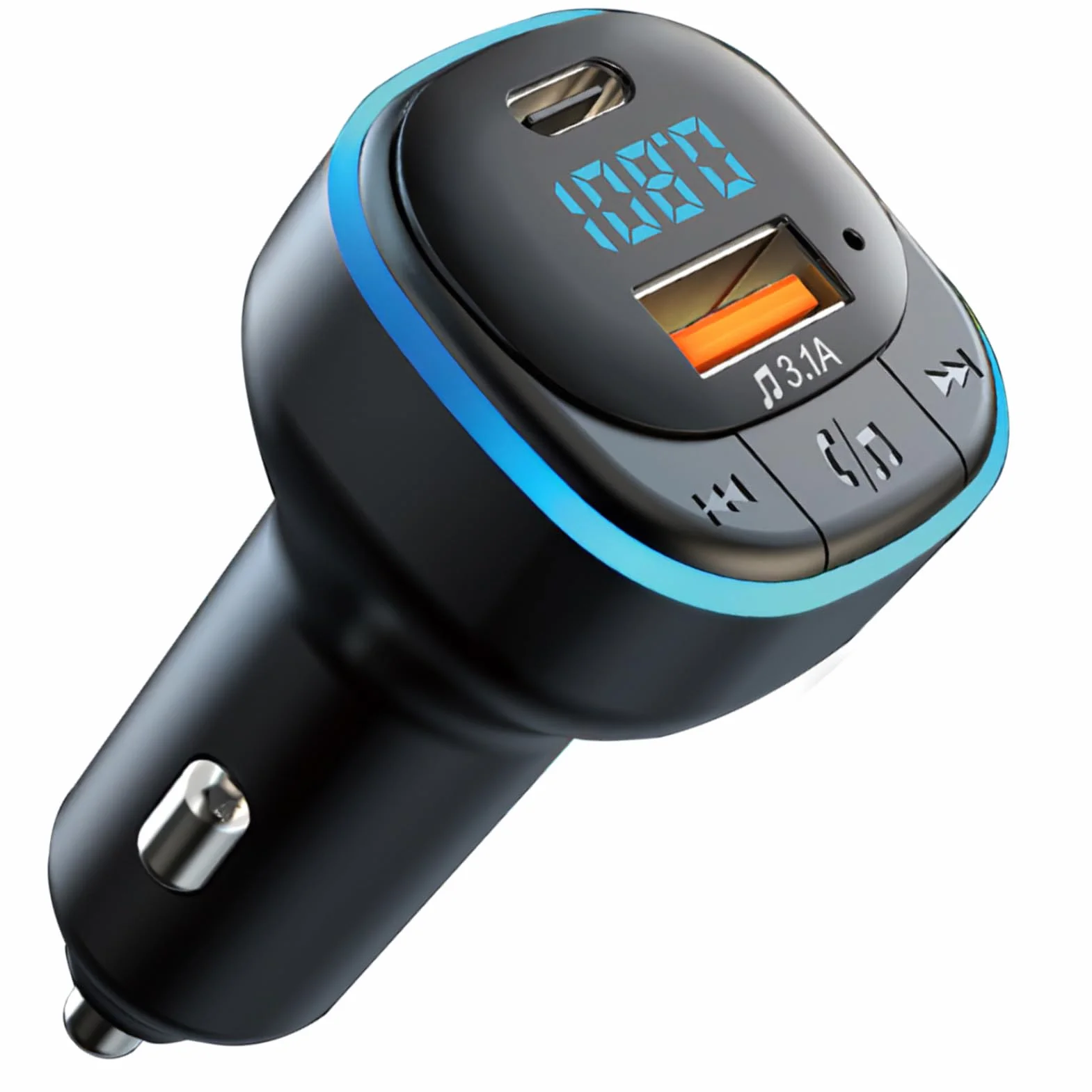 Trasmettitore FM Bluetooth 5.0 per Auto, MP3 Audio Lettore Caricabatterie 3.1A Porta USB Type-C, Vivavoce Bluetooth Luce LED Blu, Supporto Disco U, Chiamata Vivavoce