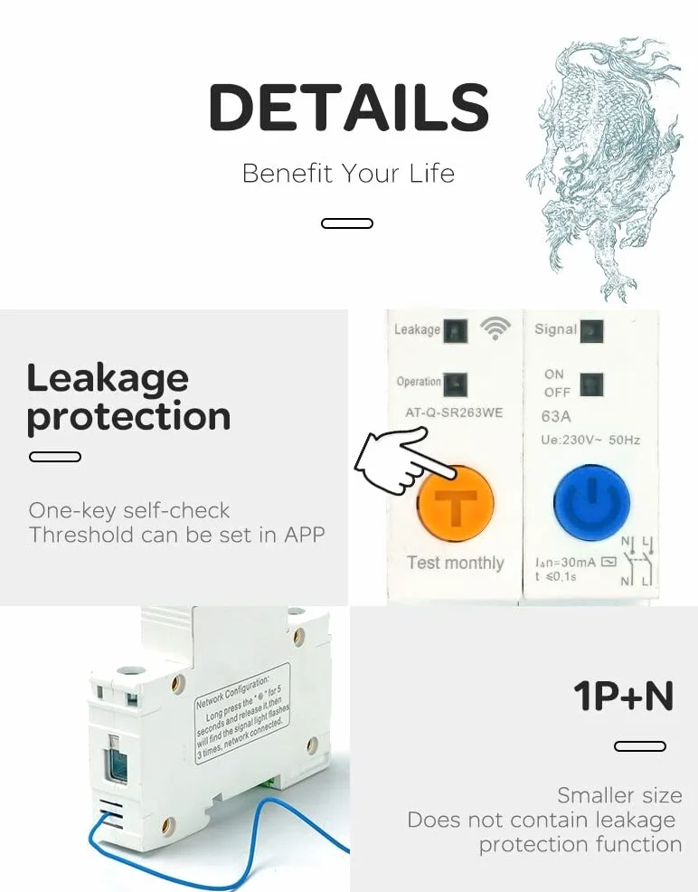 Interruttore Magnetotermico Differenziale Interruttore intelligente for interruttore automatico su guida DIN 2P 63A da Smart Home con protezione dalle perdite(16A)