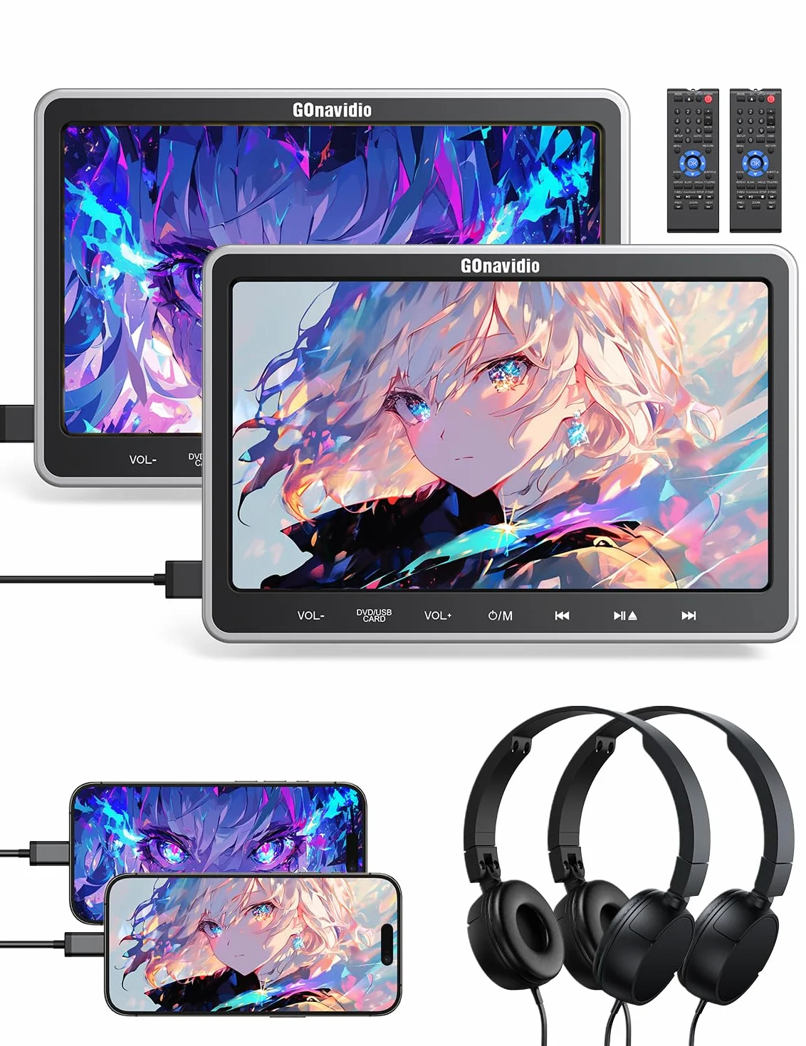 GOnavidio Lettori DVD per Poggiatesta 10,1" con Ingresso HDMI, 2 Staffe di Montaggio e 2 Cuffie, Supporto per Schermo di Sincronizzazione, Ultima Memoria, Regione Libera, Scheda USB/SD (2 Lettori DVD)
