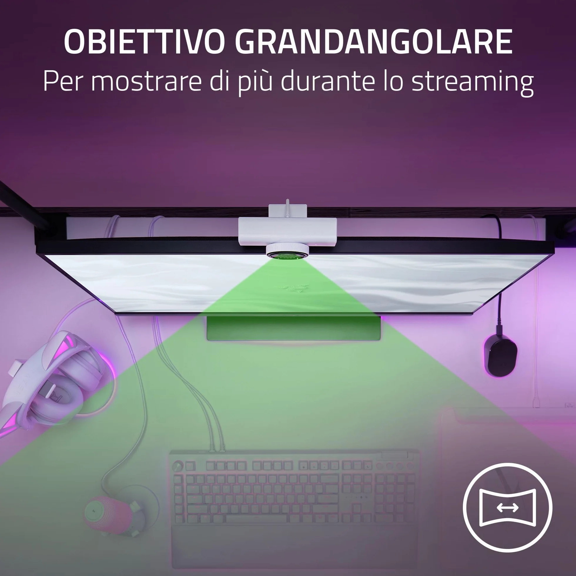 Razer Kiyo V2 X - Webcam Full HD 1080p 60 FPS per Creatori - Autofocus Veloce - Obiettivo Grandangolare - Microfono Integrato - Compatibile con Open Broadcaster Software e Xsplit | Bianco