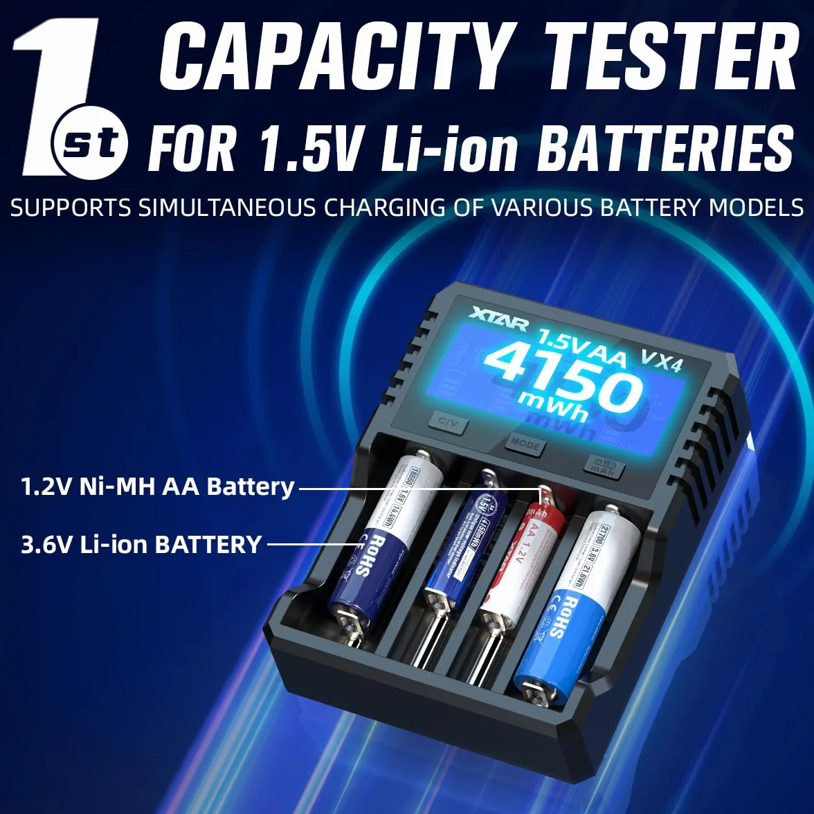XTAR Caricabatteria VX4, tester di capacità, 3.6/3.7V Li-ion, 1.5V Li-ion, 1.2V Ni-MH, 3.2V LiFePO4 compatibile, schermo LCD, protezione da sovra-scarica