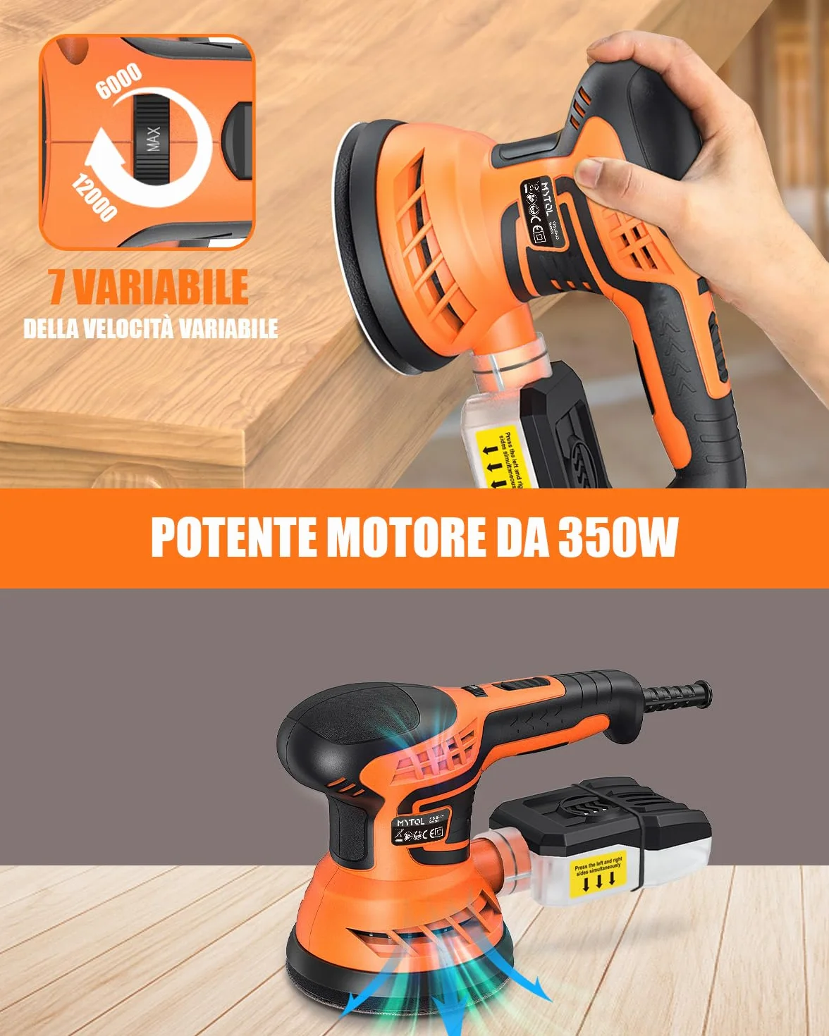 MYTOL 350W Levigatrice orbitale,7 velocità variabili,14 pezzi di carta vetrata(2 vetrata senza polvere)e raccoglitore di polvere,6000-13000U/min,125MM Levigatrice per Legno per la levigatura del legno