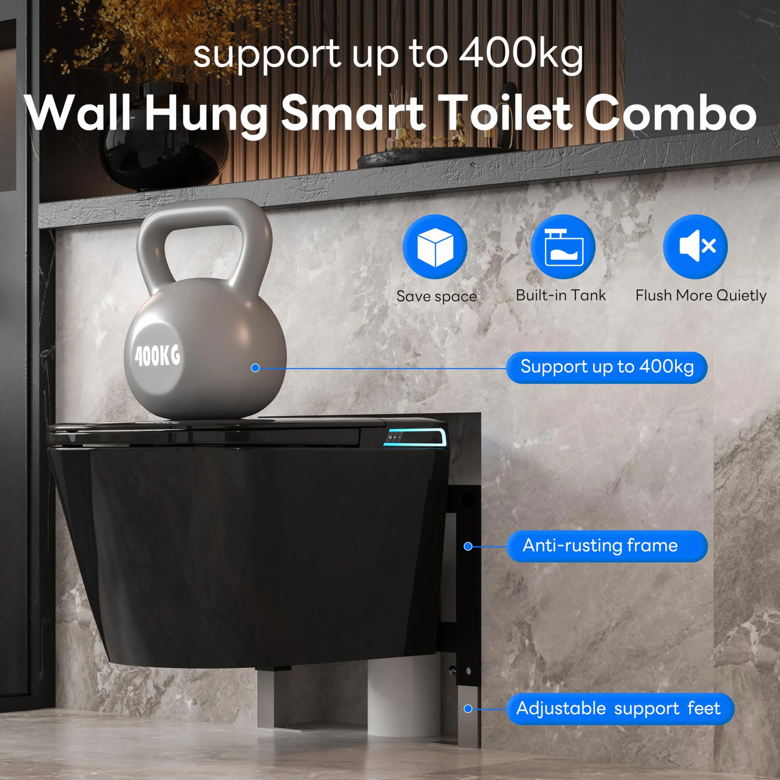 Smart WC nero da appendere alla parete, scarico automatico, coperchio con apertura e chiusura automatica, sedile riscaldato, acqua calda/asciugatrice, moderno bidet allungato con supporto a