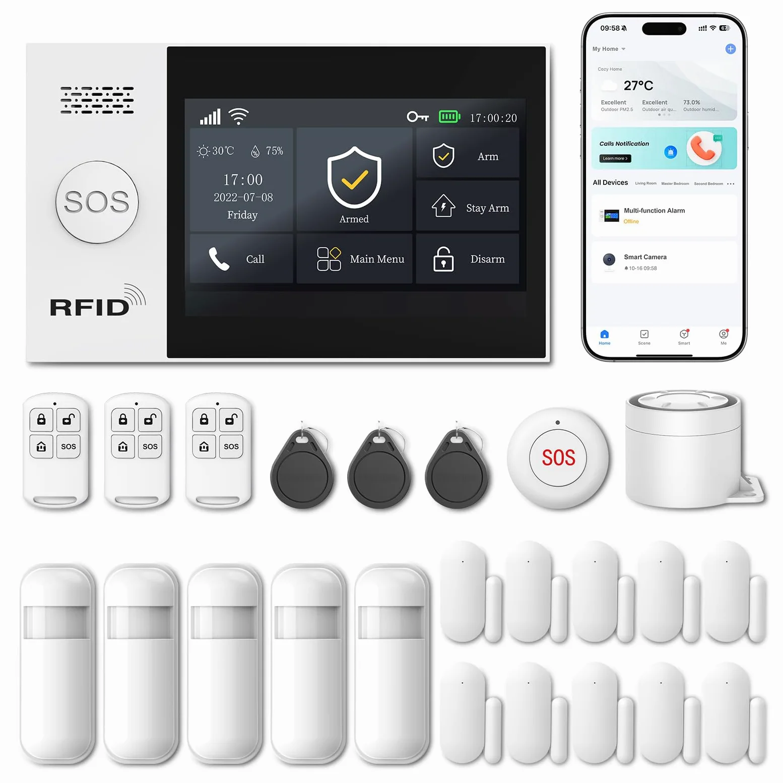Sistema di allarme touch screen per la sicurezza di tutta la casa, kit di allarme domestico wireless Wi-Fi da 20 pezzi con sirena, sensore di movimento PIR, telecomandi, sensore per finestre/porte