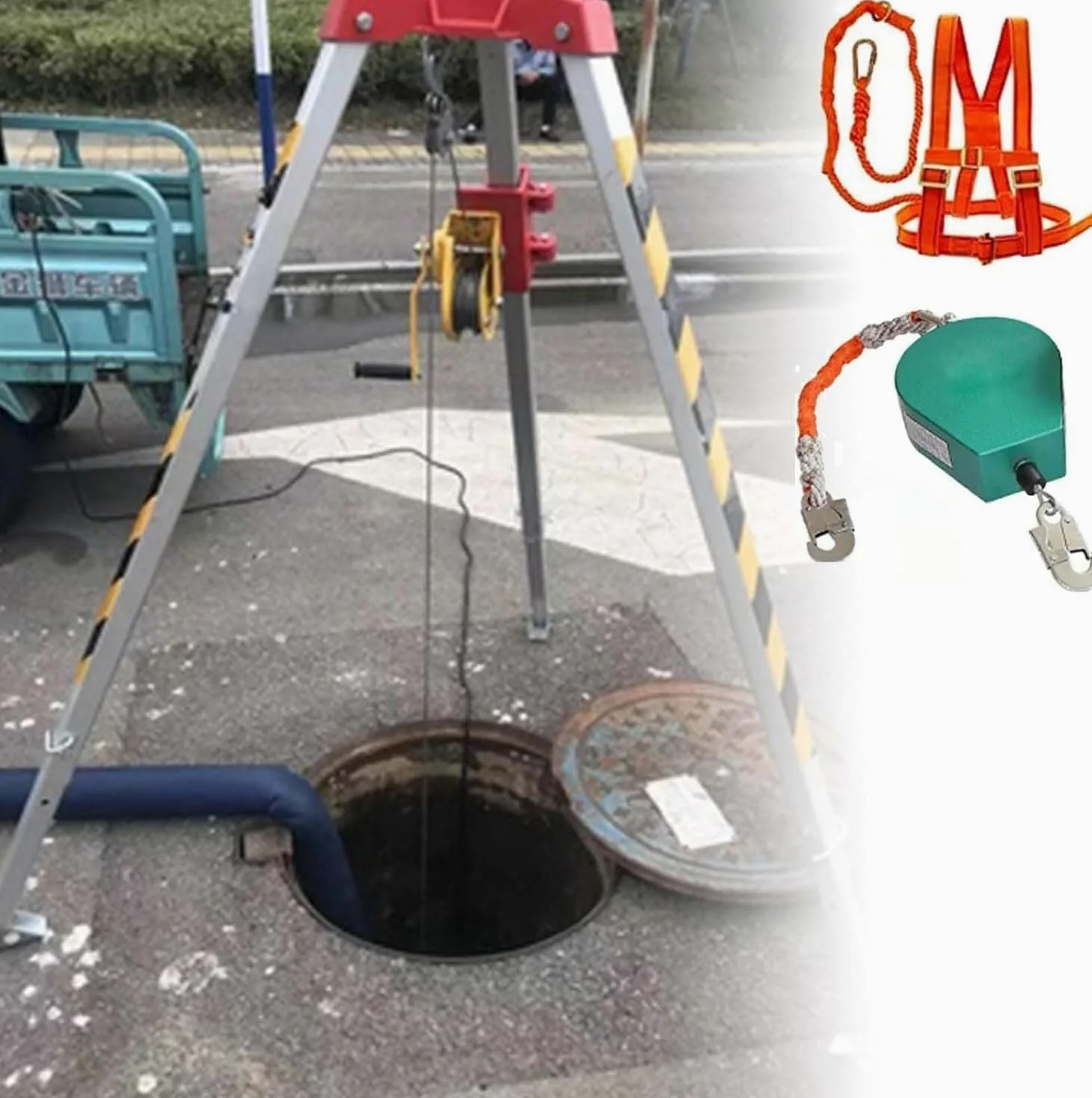 Generico Kit di Emergenza con treppiede per spazi confinati con verricello da 816 kg e Protezione anticaduta, treppiede di Soccorso Retrattile per Accesso e Recupero sicuri in Ambienti pericolosi.