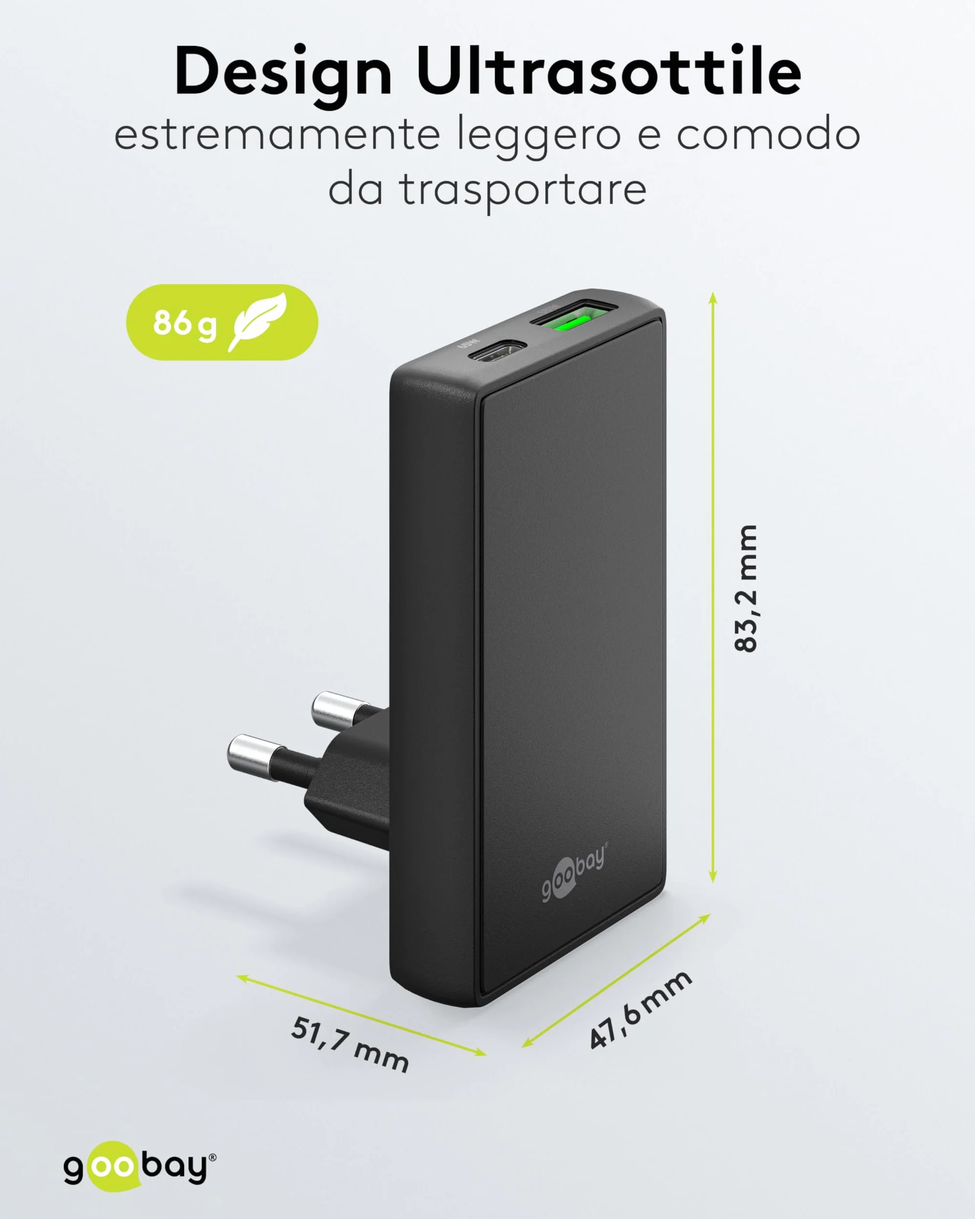goobay GaN Caricabatteria da 65 W, con doppia porta (USB-C e USB-A), design piatto a 90°, ultra sottile e salvaspazio, per Apple, Samsung, Huawei, tablet ecc., nero,75723