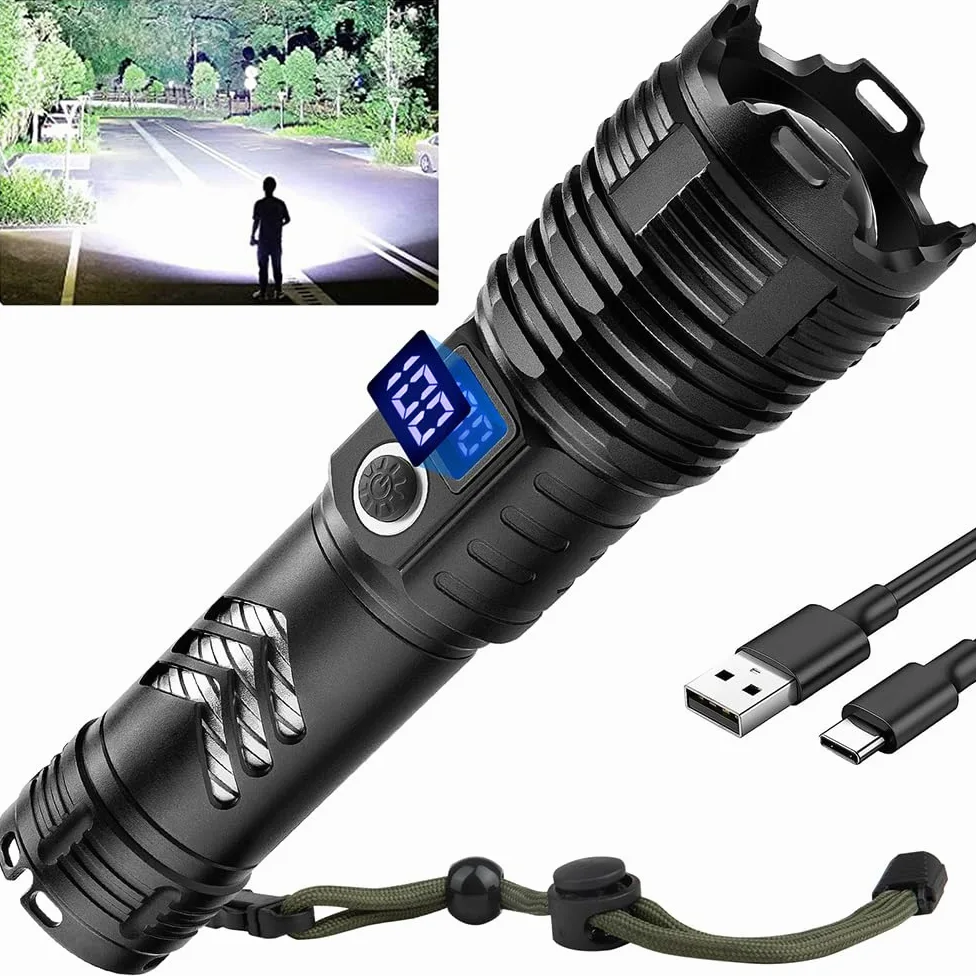 taoquwe Torcia LED ricaricabile ad alta luminosità, 900.000 lumen, torcia USB ad alta potenza con capacità di 5000 mAh, torcia LED portatile impermeabile per campeggio escursionismo