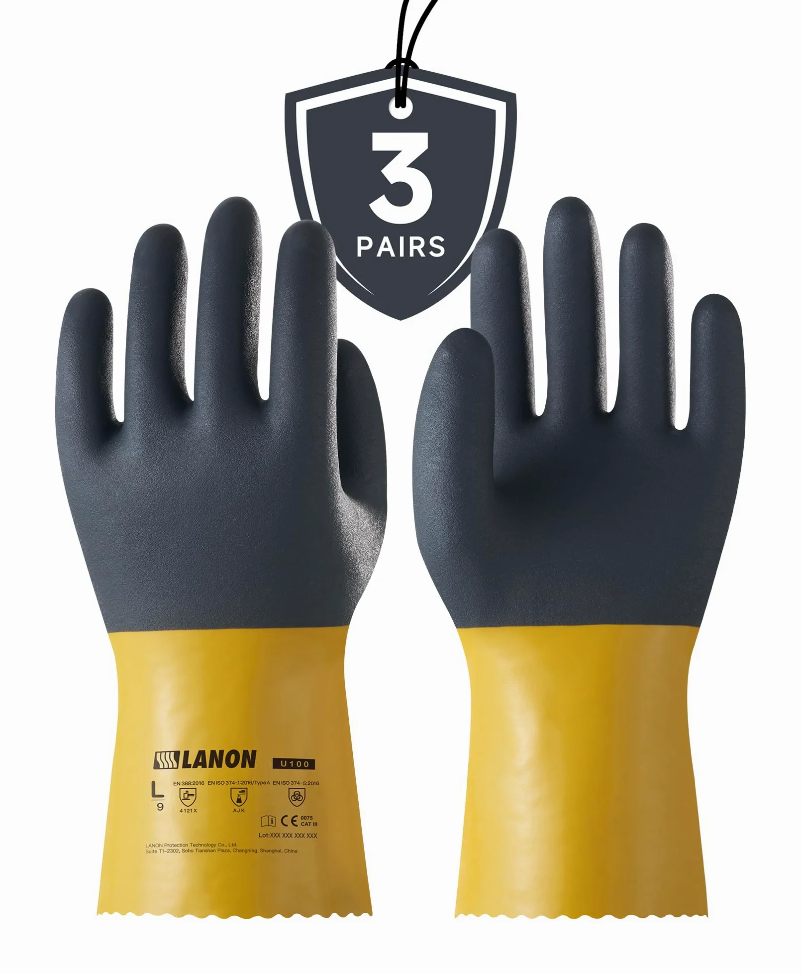 LANON - 3 paia di guanti in PVC resistenti agli agenti chimici, riutilizzabili, resistenti, protezione da acidi, alcali e olio, EN 374/388, antiscivolo, taglia XL