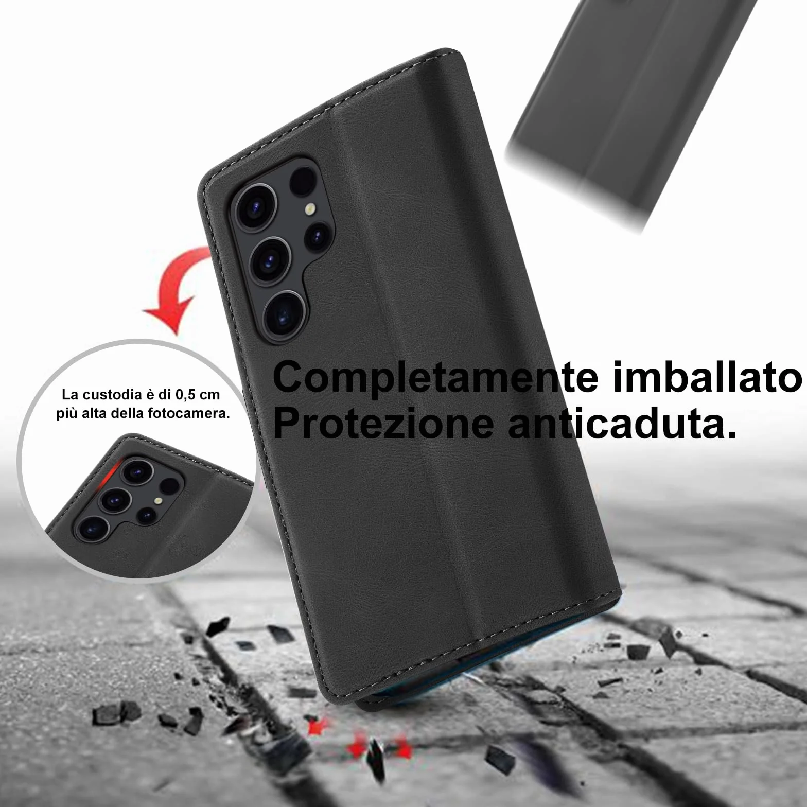 Cover per Samsung Galaxy S24 Ultra Custodia con Vetro Temperato, Premium PU Portafoglio Slot per Scheda RFID Antifurto Funzione Supporto Flip Case, Antiurto per Samsung S24 Ultra 5G Cover (Nero)